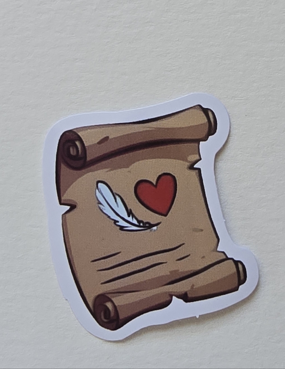 10/$10 Vintage Scroll Sticker with Red Heart and White Feather